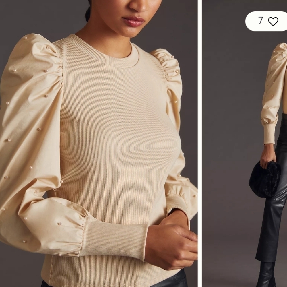 Dolan long sleeve ribbed middle pearls blouse